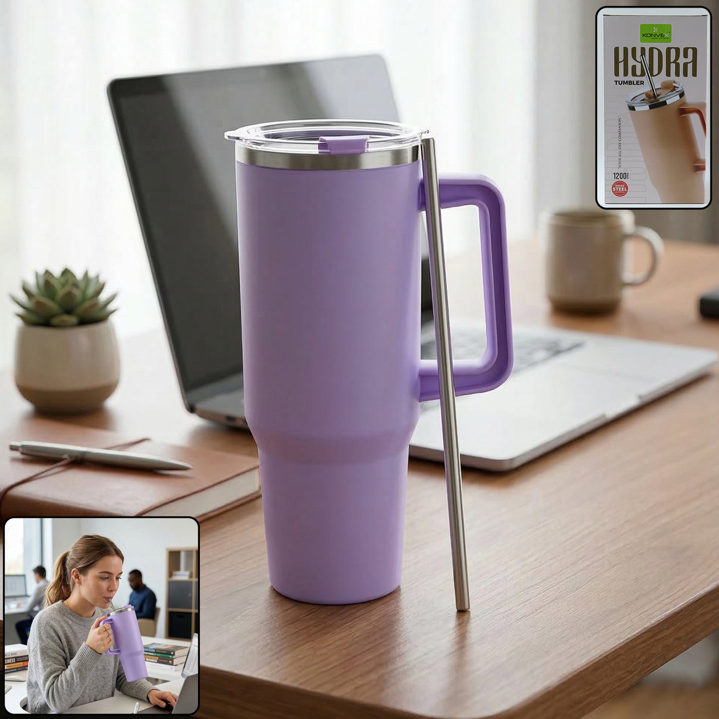 Wukusy Konvex large capacity insulated tumbler mug with handle and straw, 1200ml, showing the sleek, durable design and straw opening.