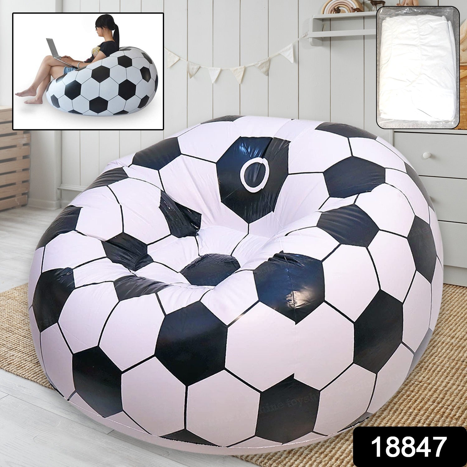 Wukusy foldable inflatable sofa in cartoon style, compact inflatable ball chair for kids and adults, 110cm by 80cm.