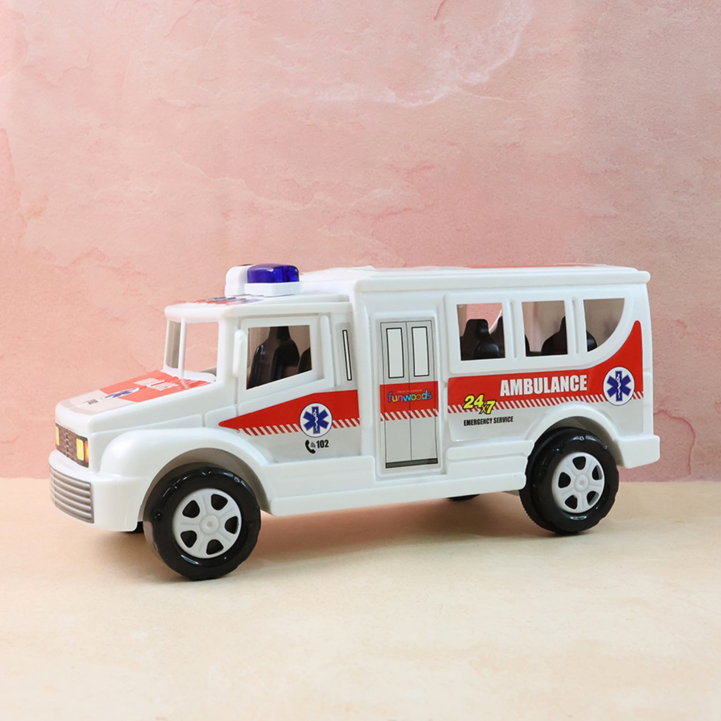 Wukusy Funwoods friction-powered ambulance toy for kids, featuring bright colors and detailed emergency vehicle design.