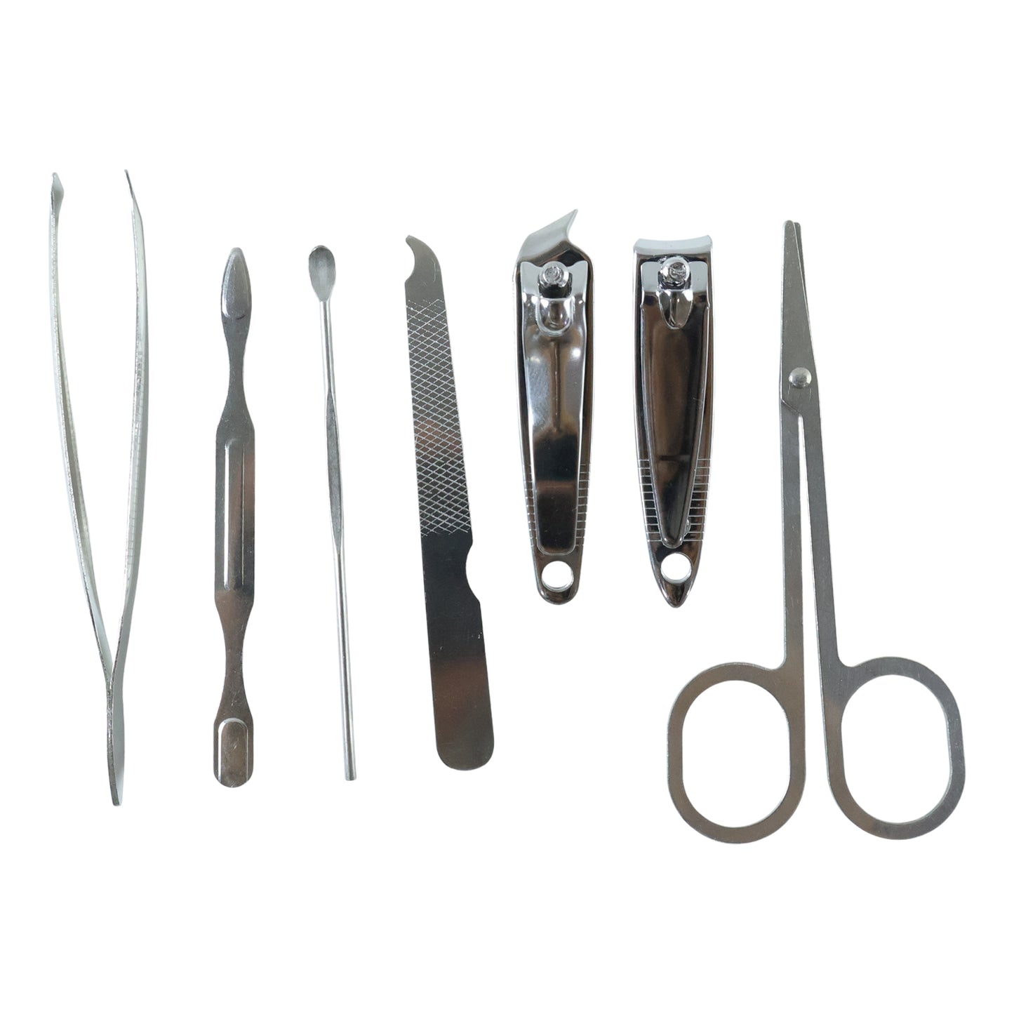 Wukusy 7-in-1 stainless steel manicure and pedicure grooming kit with various nail tools arranged neatly.