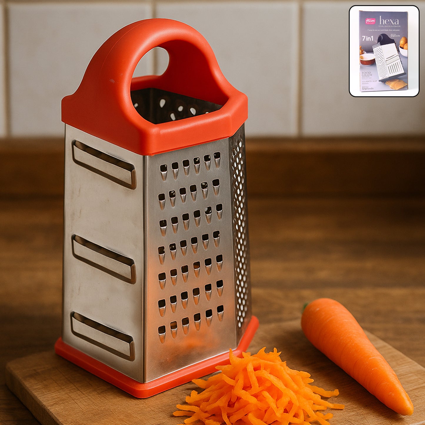 Wukusy 7-in-1 heavy-duty stainless steel box grater with ergonomic handle for versatile food prep and grating tasks.