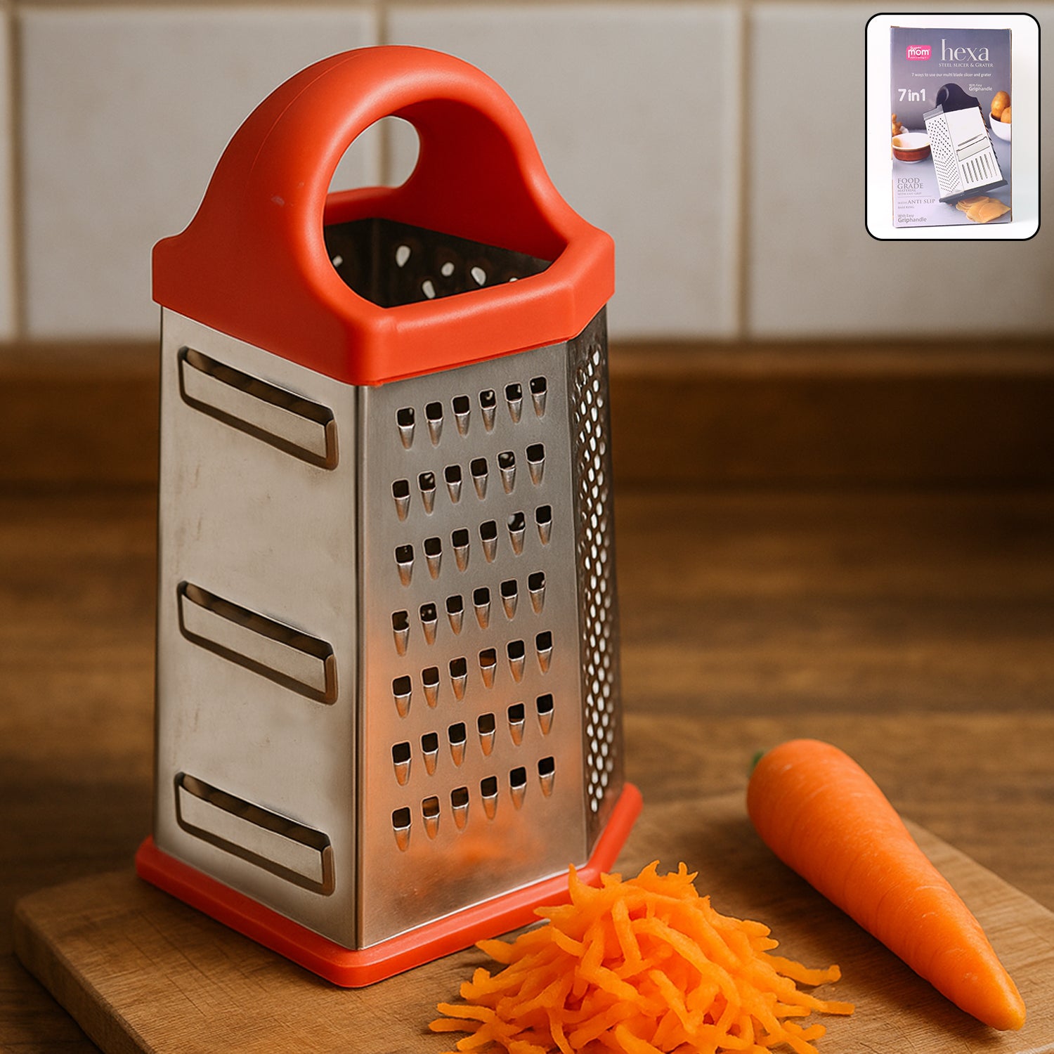 Wukusy 7-in-1 heavy-duty stainless steel box grater with ergonomic handle for versatile food prep and grating tasks.