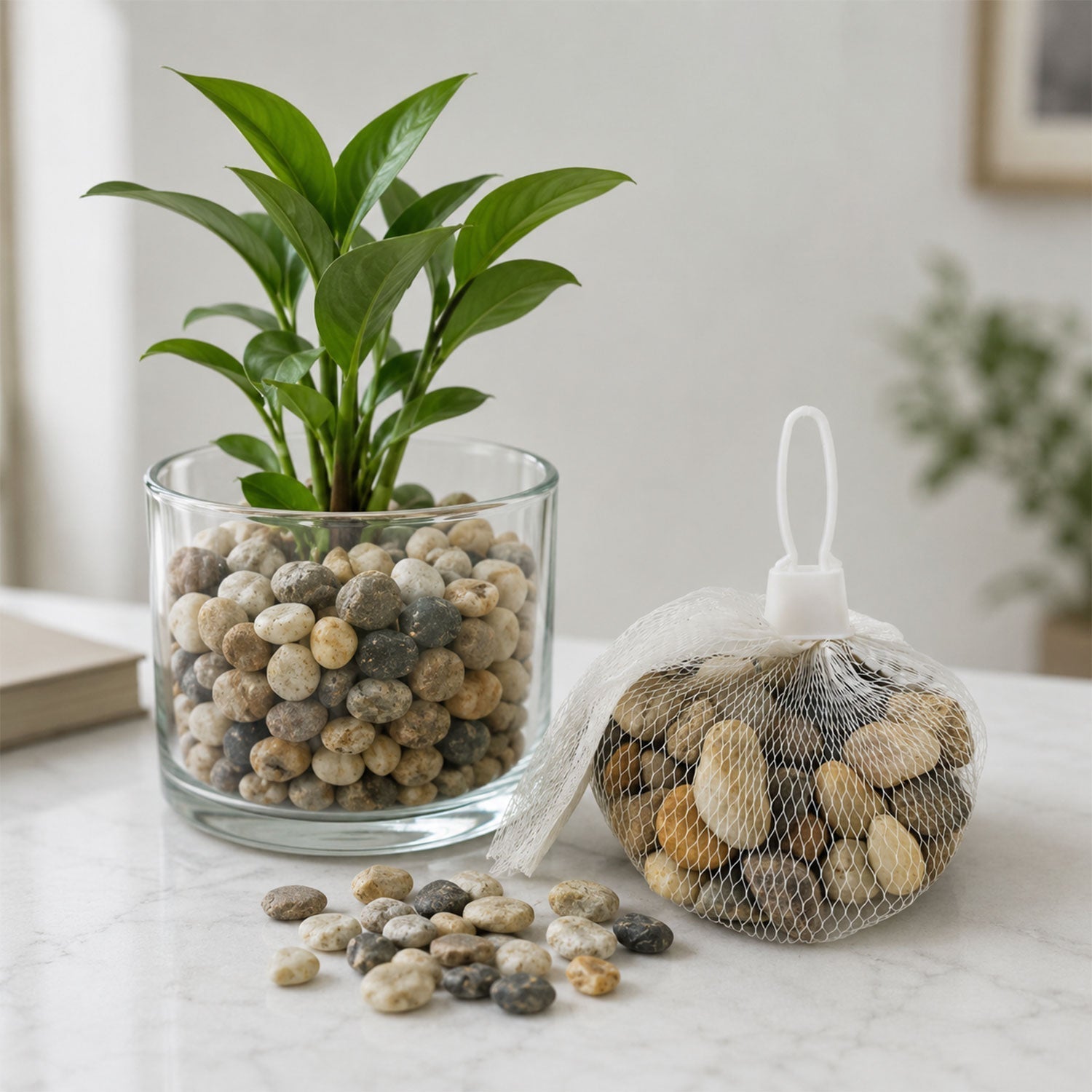 Set of natural river pebbles stones by Wukusy, ideal for aquarium, vase, planter, and garden decor, showing smooth, rounded stones.
