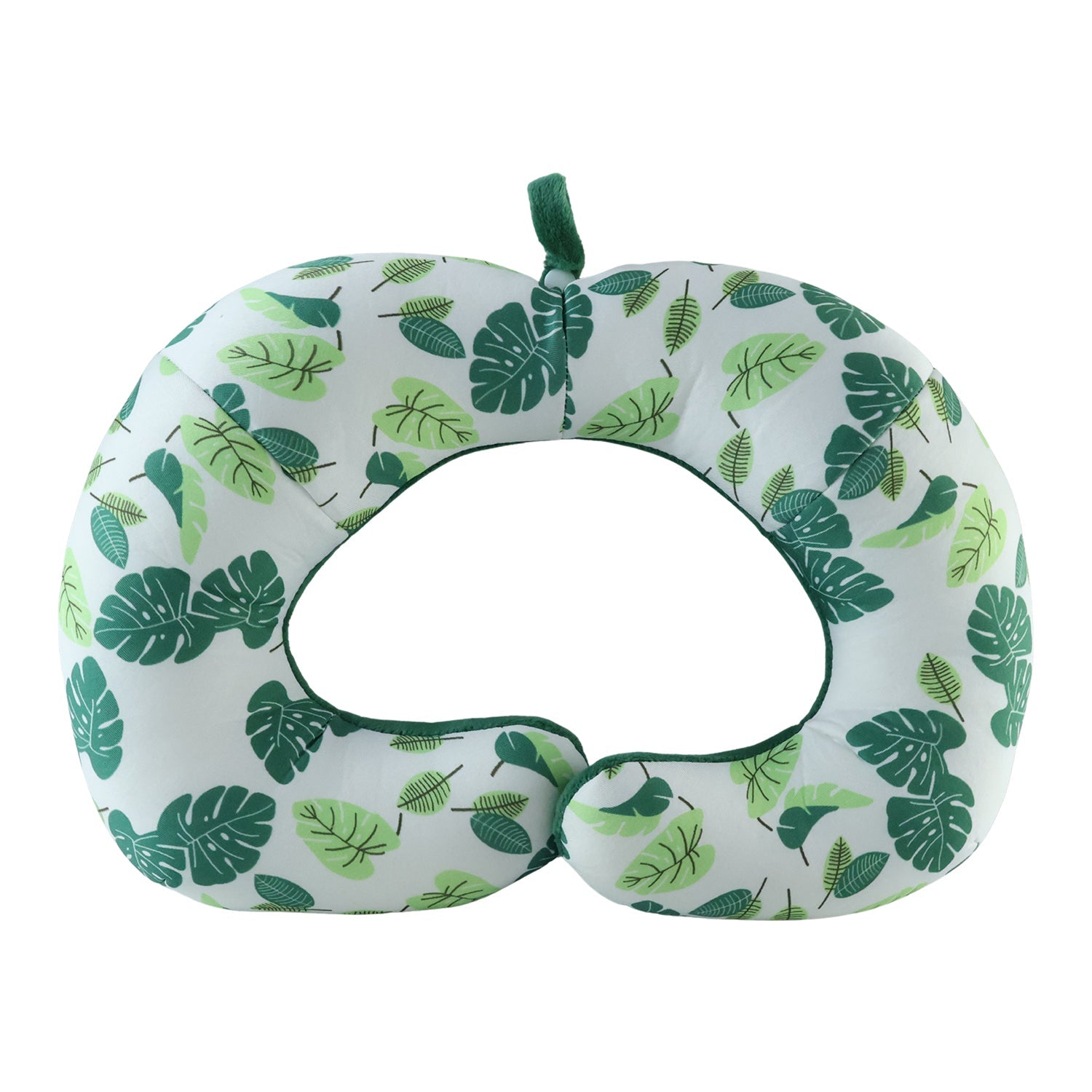Green leaf print U-shaped travel neck pillow by Wukusy, soft head support for comfortable travel rest