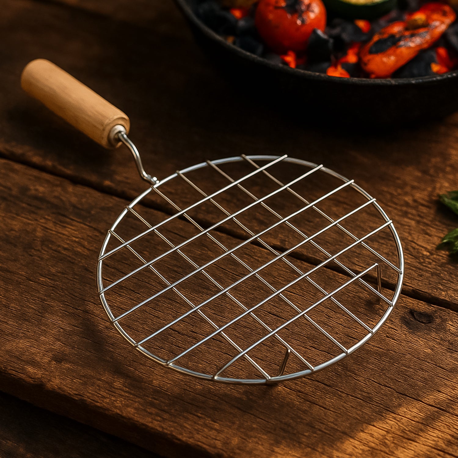 Wukusy kitchen round stainless steel roaster with wooden handle, designed for grilling papad and barbecue tasks