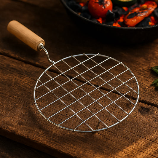 Wukusy kitchen round stainless steel roaster with wooden handle, designed for grilling papad and barbecue tasks