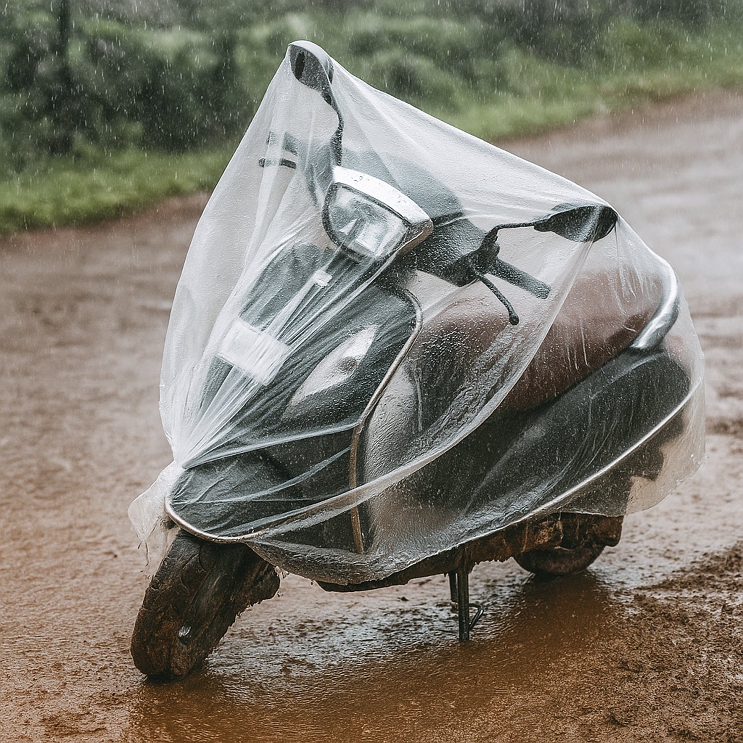 Big disposable plastic Activa cover by Wukusy for scooter protection, shown in a clear automotive setting.