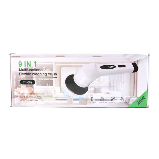 Wukusy 9-in-1 electric spin scrubber with multiple cleaning heads for home improvement tasks, shown in use on a bathroom surface.