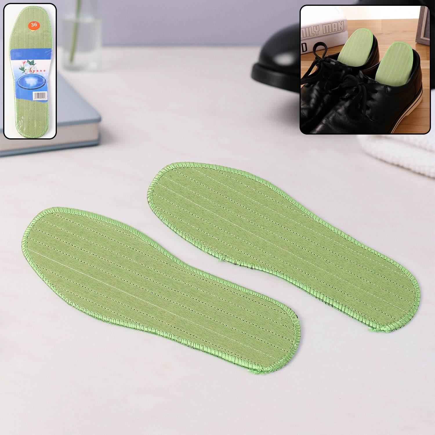 Pair of Wukusy premium comfort shoe insoles for daily foot support, size 36, with a mix of design patterns.