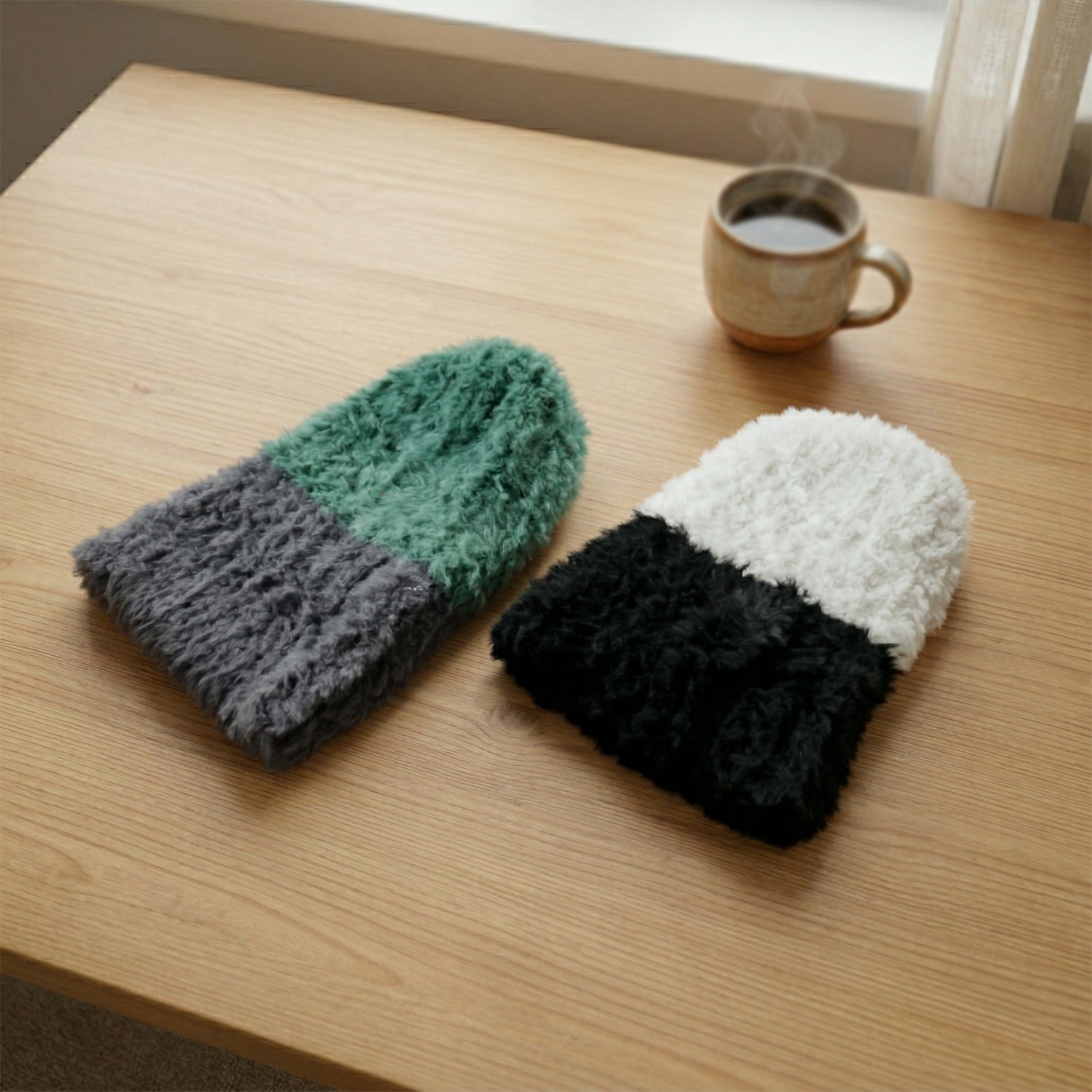 Wukusy winter woolen beanie cap for men and women in mixed designs, soft and warm for cold weather, close-up view of the knitted hat.