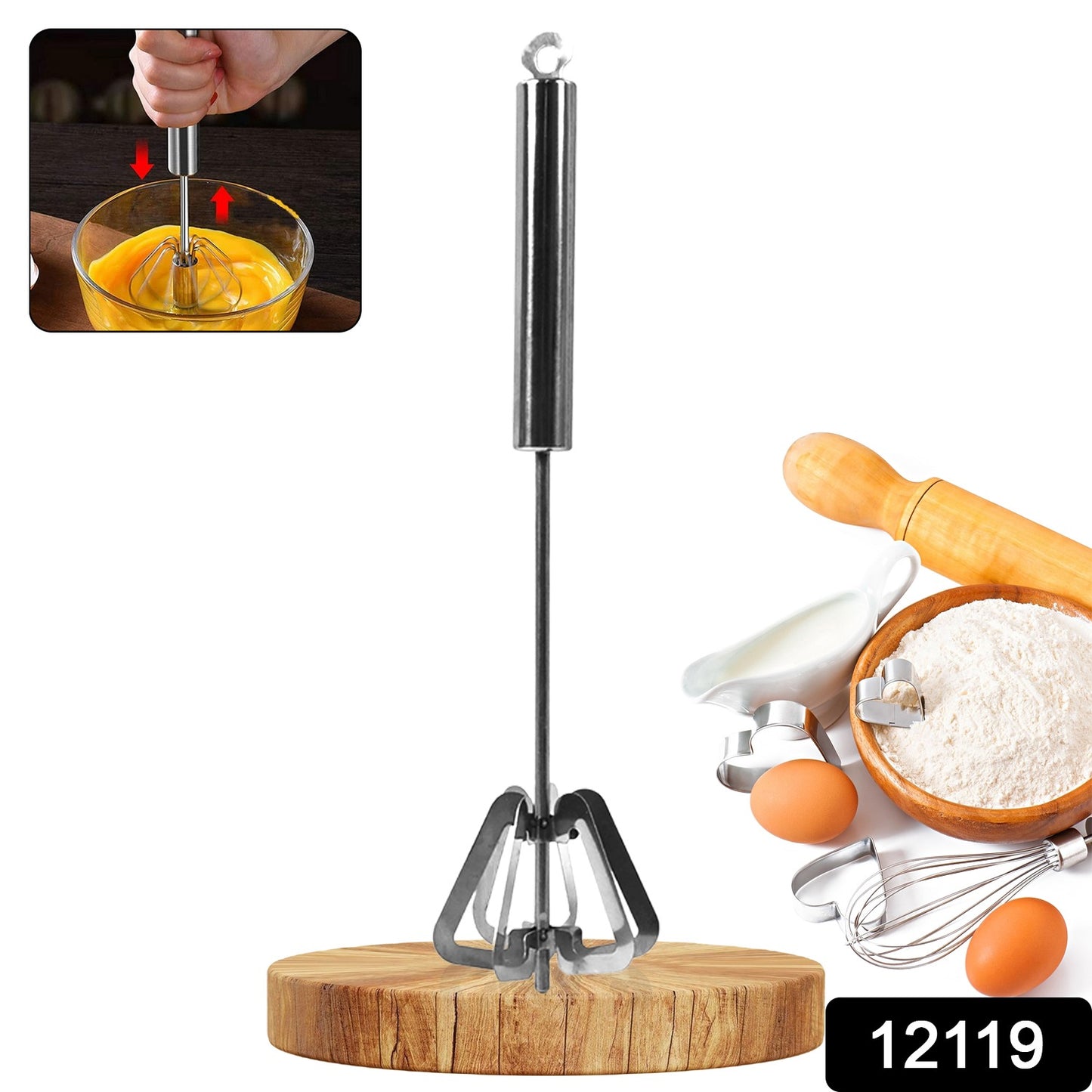 Wukusy stainless steel hand push mixer egg whisk, a kitchen tool with a ergonomic handle and metal whisk head for mixing eggs and batter.