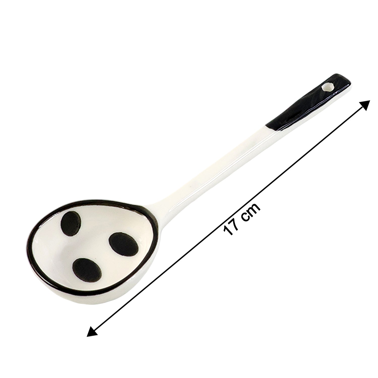 Wukusy premium 17 cm heat-resistant ceramic soup ladle with a long handle, ideal for serving hot soups and stews.