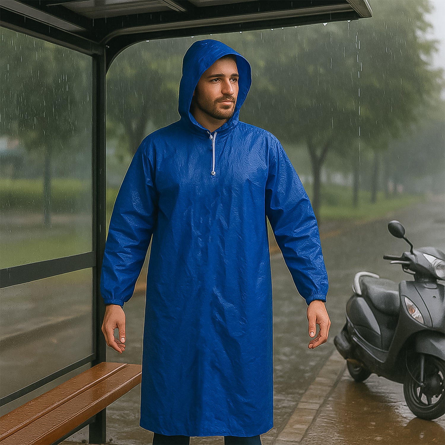 Men's large waterproof hooded raincoat by Wukusy, durable rain-resistant fabric with adjustable hood and front zipper.