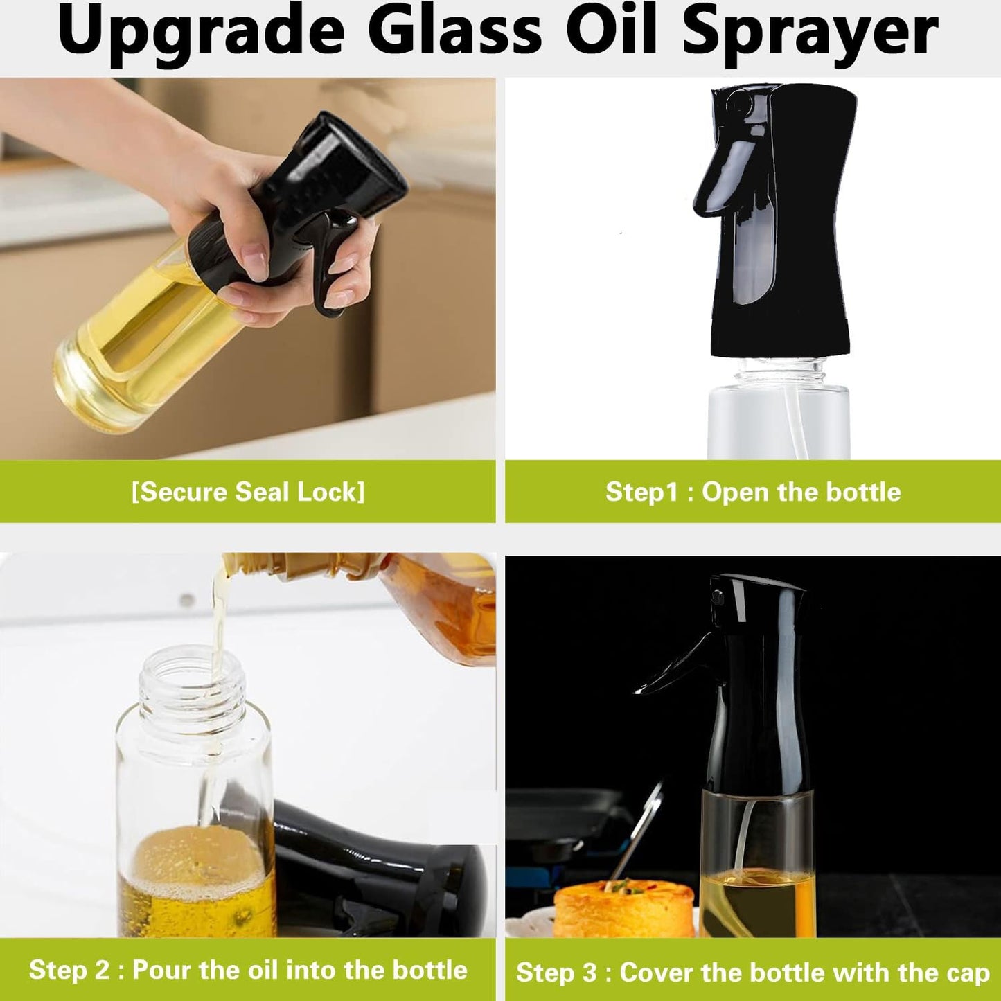 Wukusy glass premium oil spray bottle, 300ml capacity, clear container with spray nozzle for cooking and kitchen use