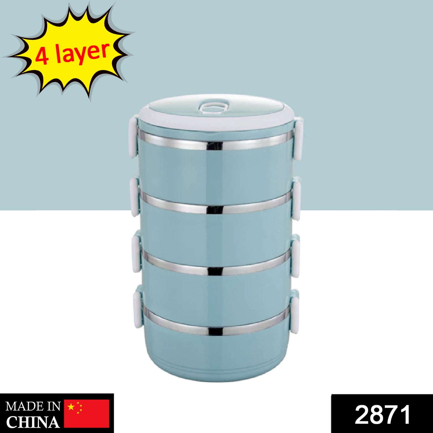 Wukusy 2871 multi-layer stainless steel hot lunch box with four compartments for home and kitchen use.