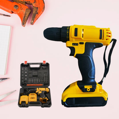 Wukusy 21V lithium double battery cordless drill set with 29 pieces, including drill, bits, and accessories.