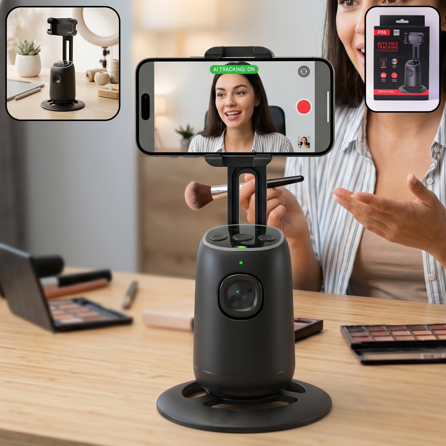 Wukusy smart AI auto face tracking mobile holder mounted on a car dashboard holding a smartphone.