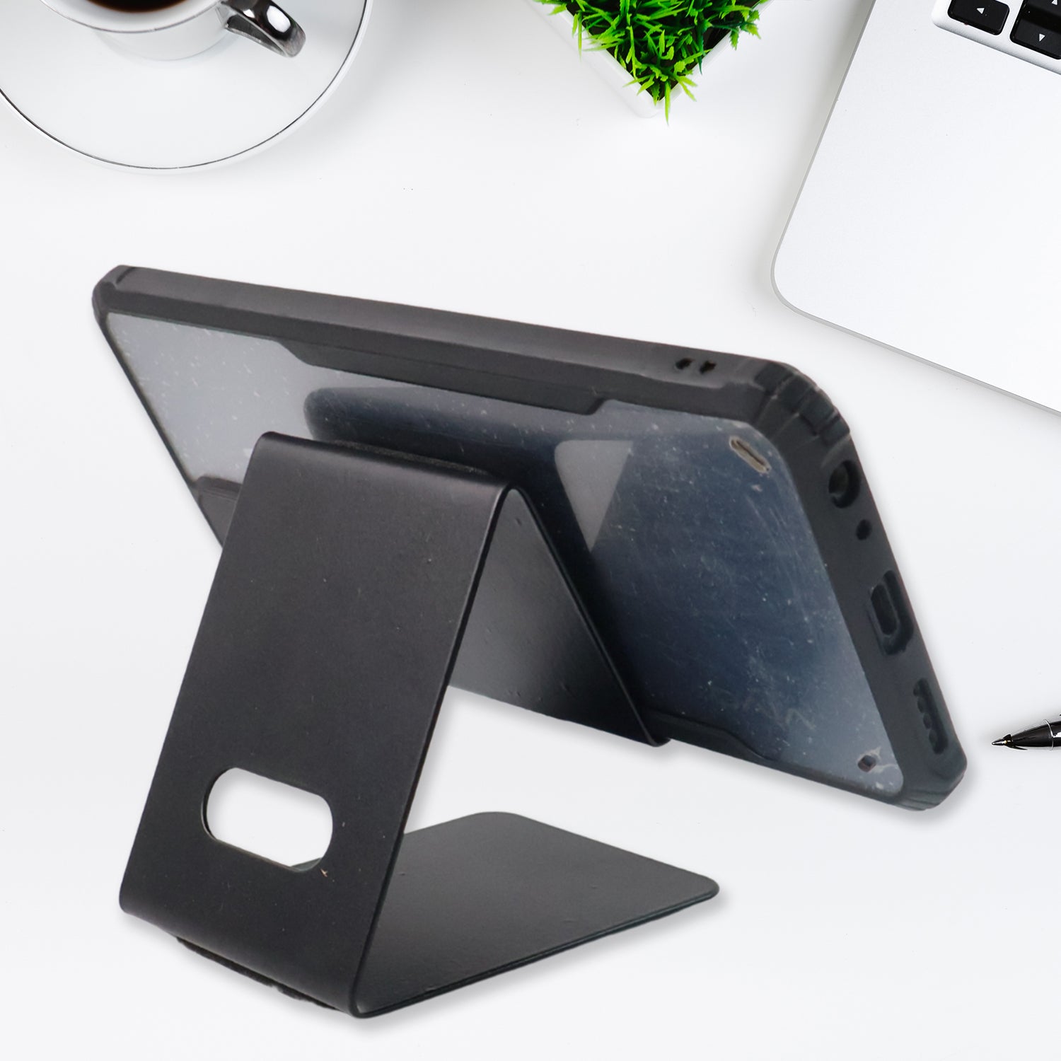 Wukusy metal universal mobile and tablet stand holder showing a sleek silver design supporting a mobile device.