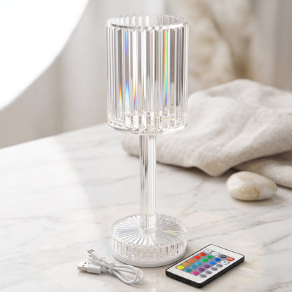 Wukusy touch control RGB crystal LED table lamp with remote, featuring colorful lighting and sleek modern design.
