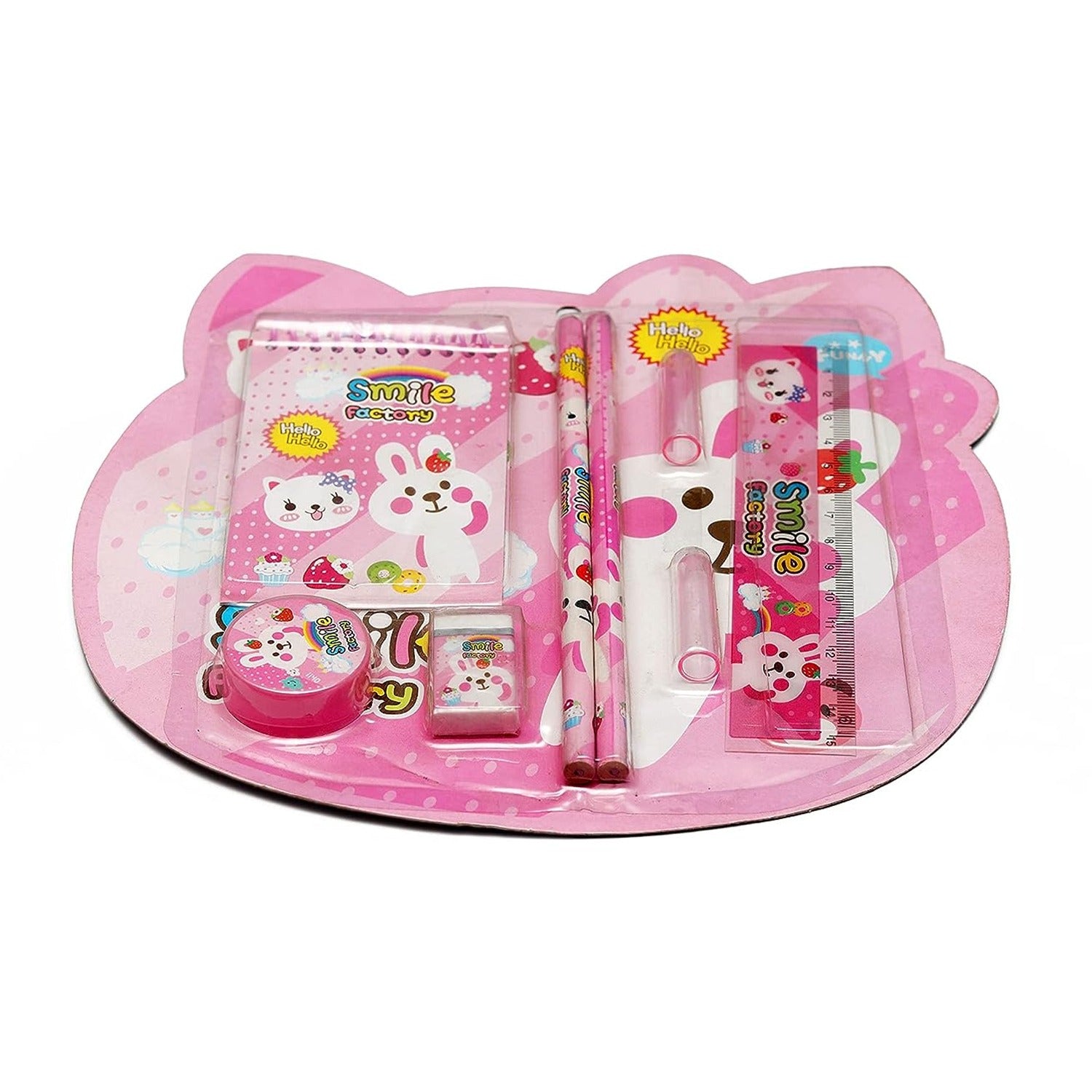 Wukusy 8-in-1 kids stationery gift set with pencils, ruler, sharpener, rubber, and pencil cover on a white background.