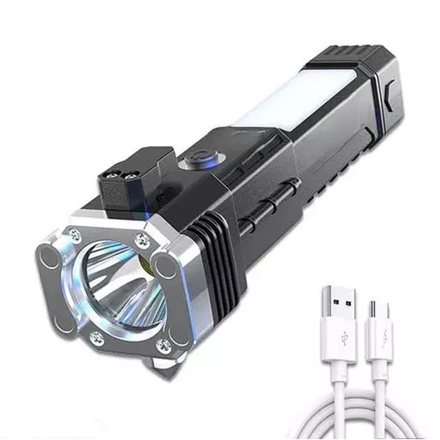 Wukusy 3W rechargeable LED flashlight with long beam, magnet, seat belt cutter, and four modes for outdoor and emergency use