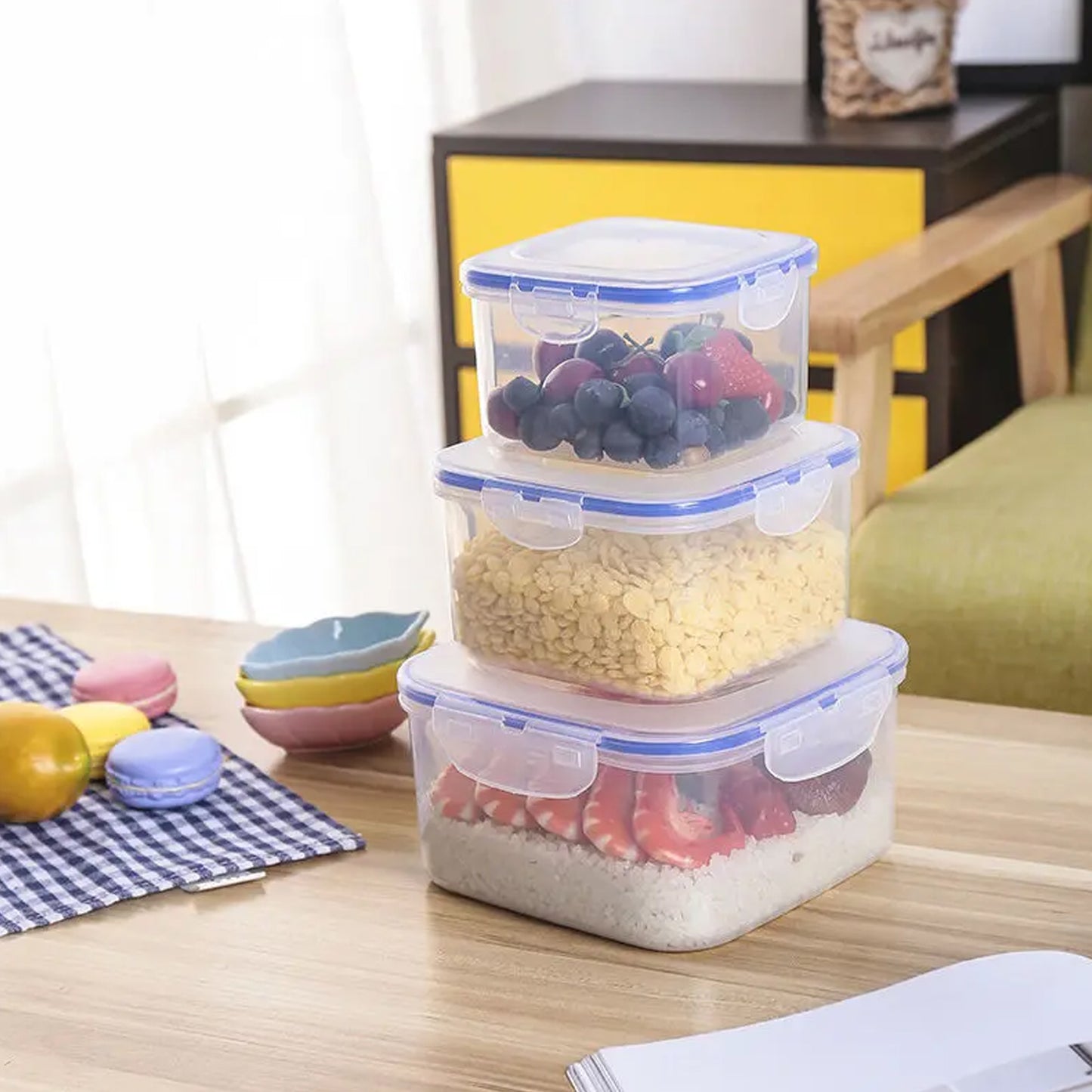 Wukusy 3-piece kitchen storage container set with food grade plastic and air seal lock lids for spices, dry fruits, and groceries.