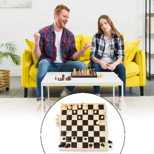 Folding wooden chess board set with 30x30 cm size, Wukusy toy, showing the board and chess pieces in a natural setting.