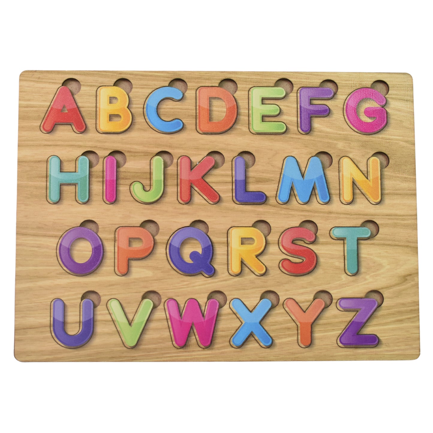 Wooden puzzle board with ABC letter shapes by Wukusy, educational learning toy for kids, featuring colorful wooden pieces.