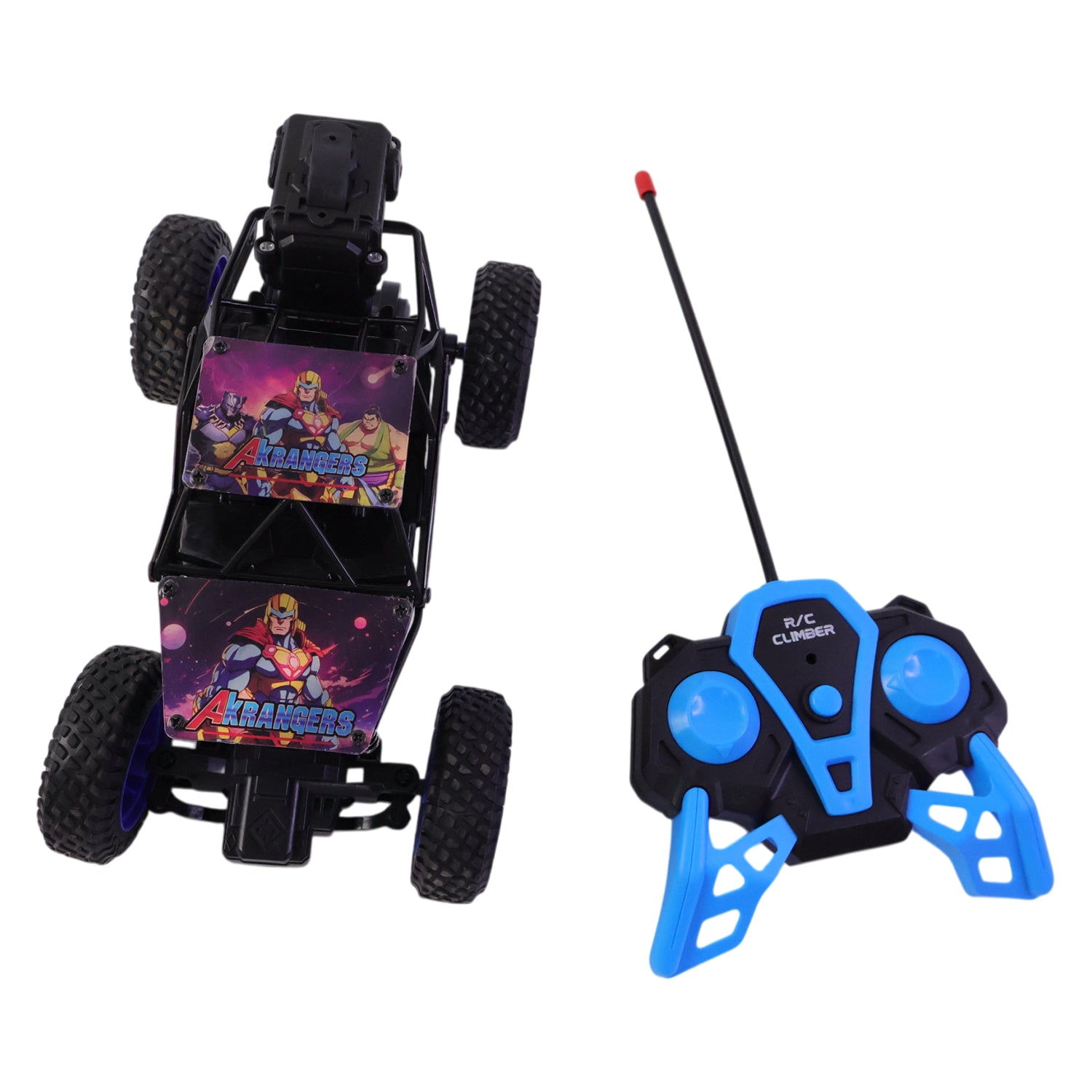 Wukusy remote control rock crawler off-road toy car on rugged terrain, showcasing its durable design and large tires for rough surfaces.