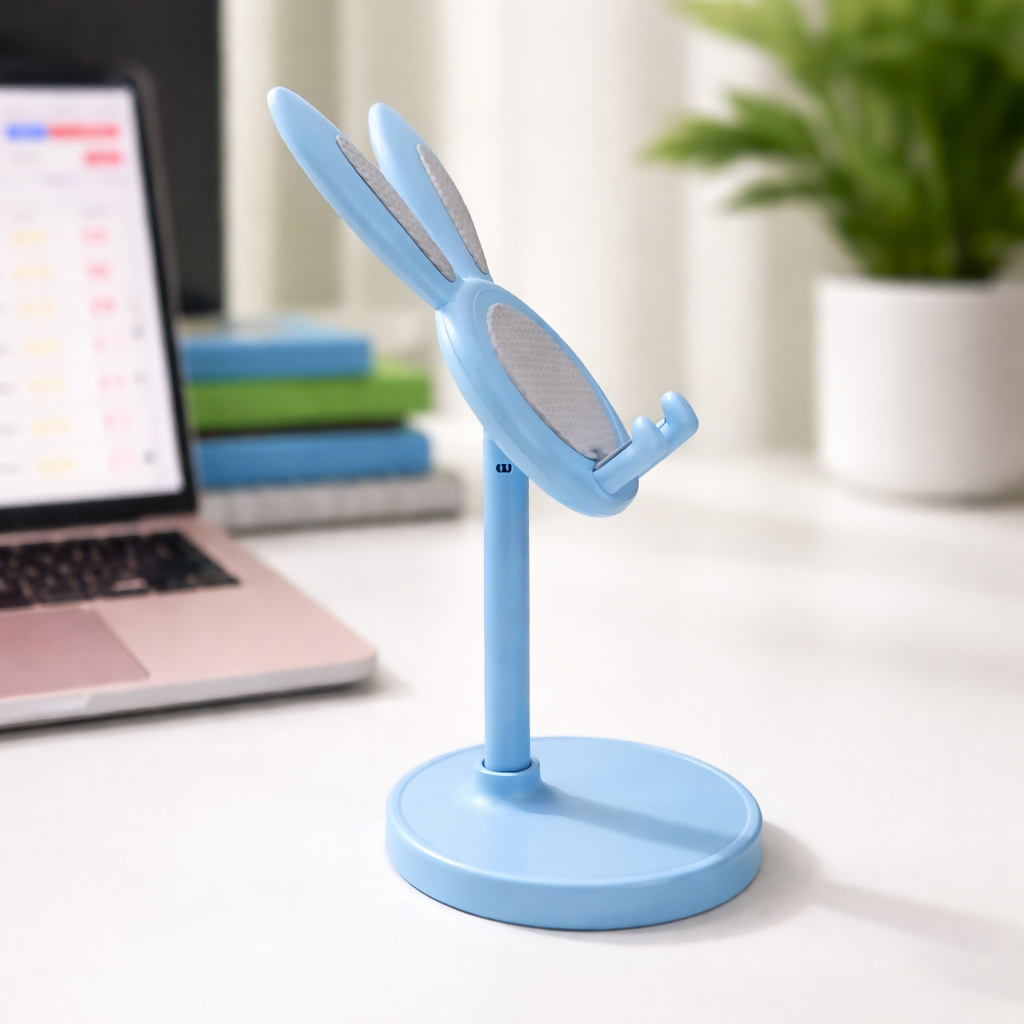 Wukusy cute bunny mobile stand holder for desk and kids study table, featuring a colorful bunny design on a smooth surface.