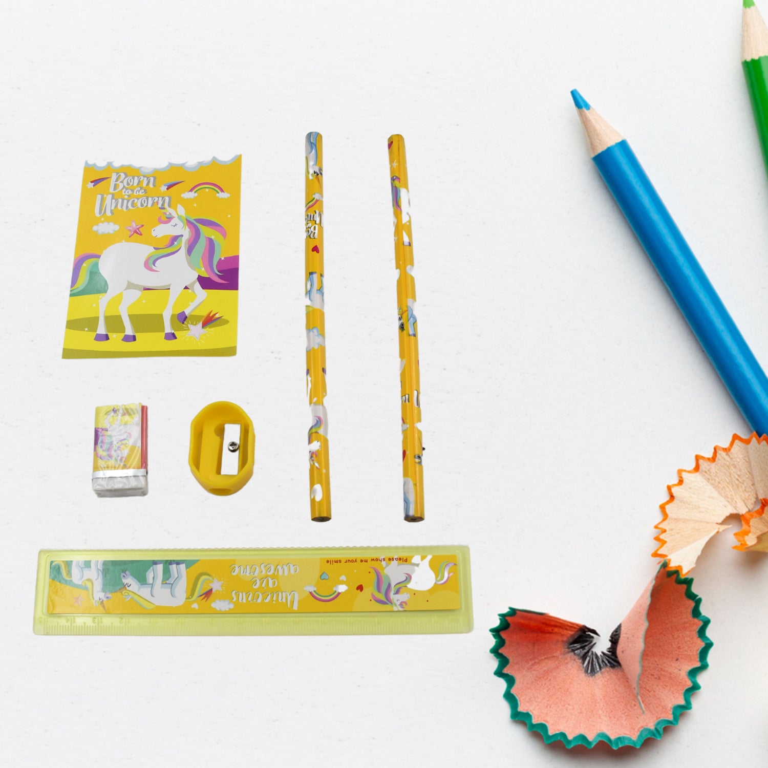 Wukusy 6-piece stationery set includes pencils, ruler, rubber eraser, and pencil sharpener for school or office use.