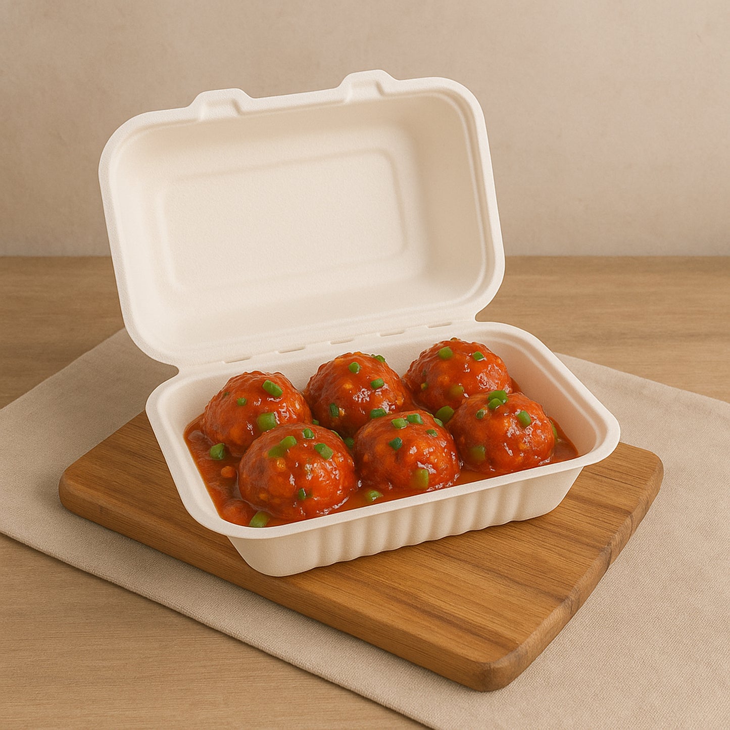 Wukusy Fresheeclamshell compostable food box, 9x6x3 inch, 10-pack, designed for takeaway meals, made from bagasse fiber.