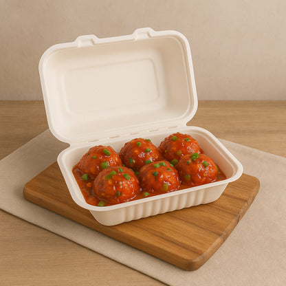 Wukusy Fresheeclamshell compostable food box, 9x6x3 inch, 10-pack, designed for takeaway meals, made from bagasse fiber.