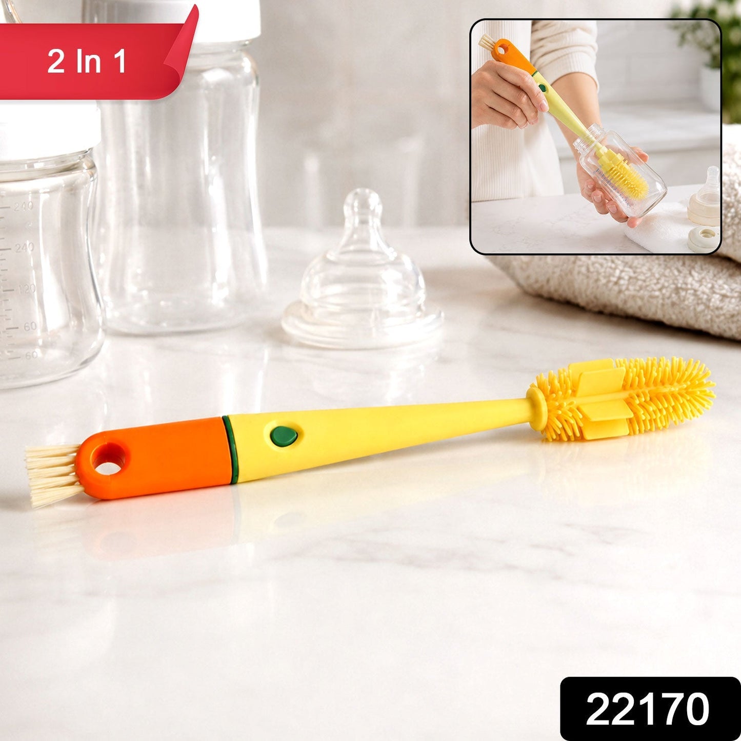 Wukusy 4-in-1 silicone bottle cleaning brush with long handle and nipple brush for thorough cleaning of baby bottles.