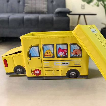 Wukusy school bus-shaped portable foldable toy box with lid, colorful plastic storage container for kids' toys and organization