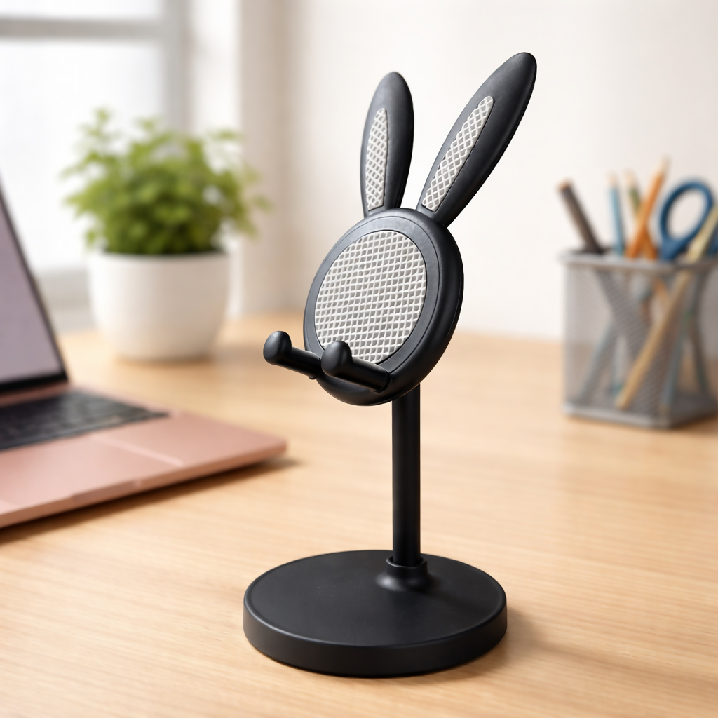 Cute bunny mobile stand holder by Wukusy for desks and kids' study tables, featuring a charming bunny design and colorful finish.