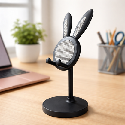Cute bunny mobile stand holder by Wukusy for desks and kids' study tables, featuring a charming bunny design and colorful finish.