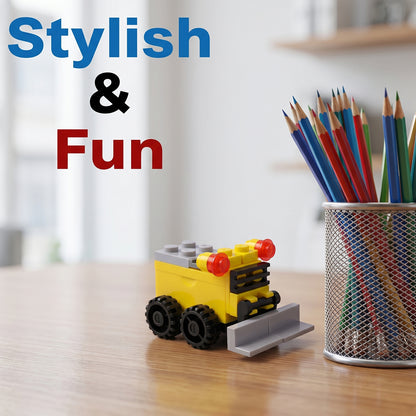 Wukusy cute bulldozer pencil sharpener toy on a desk, fun and interactive desk accessory for kids and students