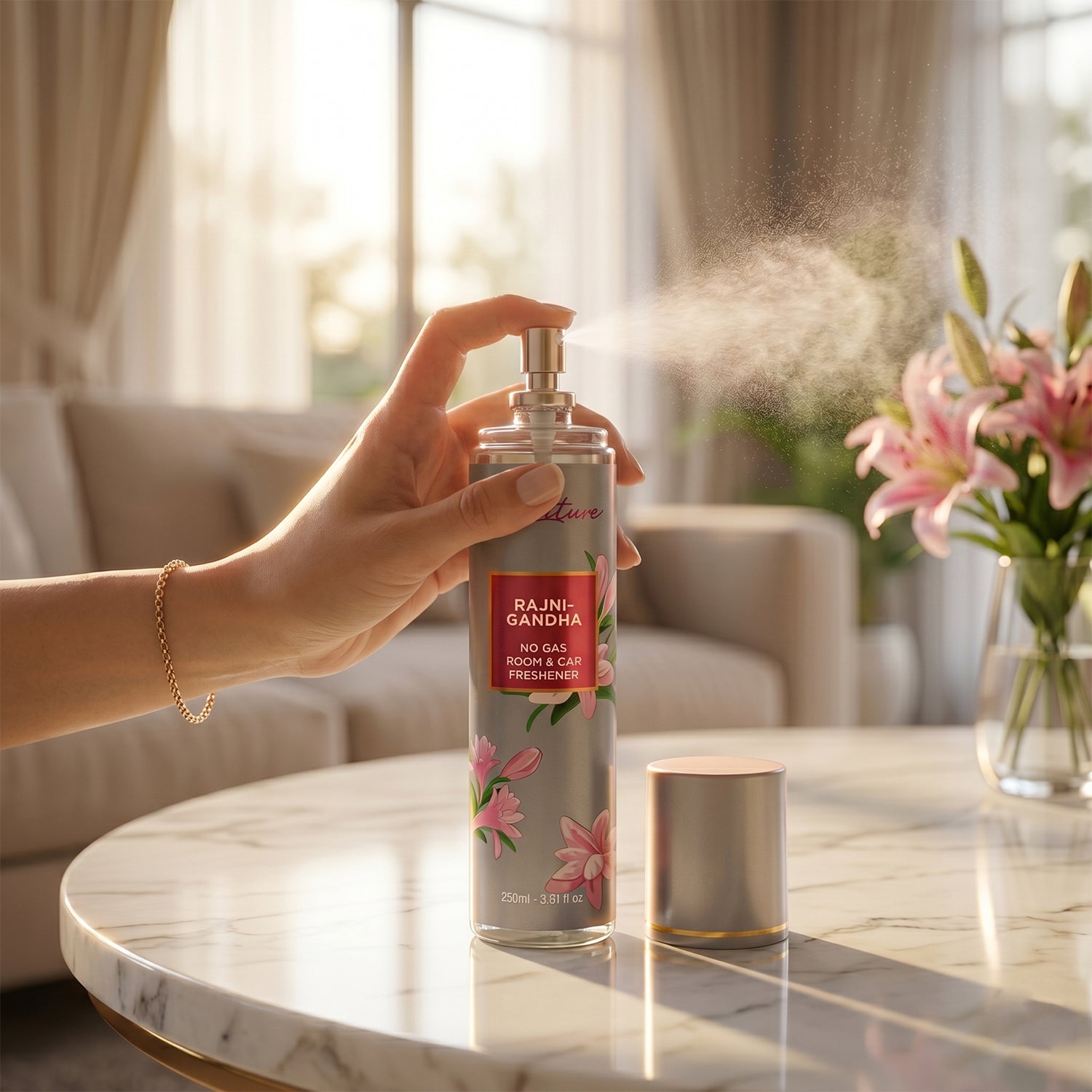 Wukusy Signature Rajnigandha room and car freshener spray bottle, 250 ml with floral scent, shown in the image.