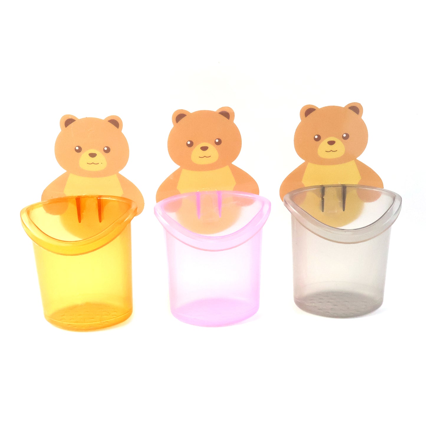 Set of three Wukusy teddy bear toothbrush holders for kids, featuring cute plush bear designs for bathroom organization.