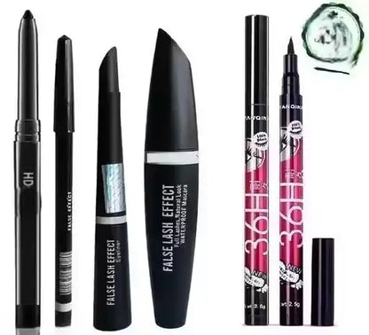 Set of five waterproof eyeliners, mascaras, and eyebrow pencils from ekom, featuring sleek black packaging and product tips.
