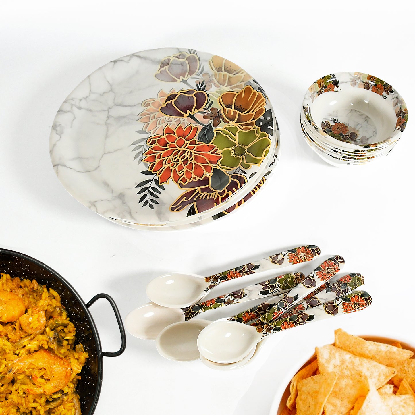 Wukusy 18-piece plastic dinner set with flower design, including plates, bowls, and serving spoons, microwave and dishwasher safe
