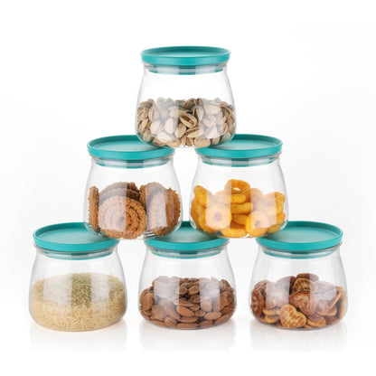 Set of 6 Wukusy Matka-shaped jars with multicolour leak-proof airtight lids, 900ml kitchen storage containers.