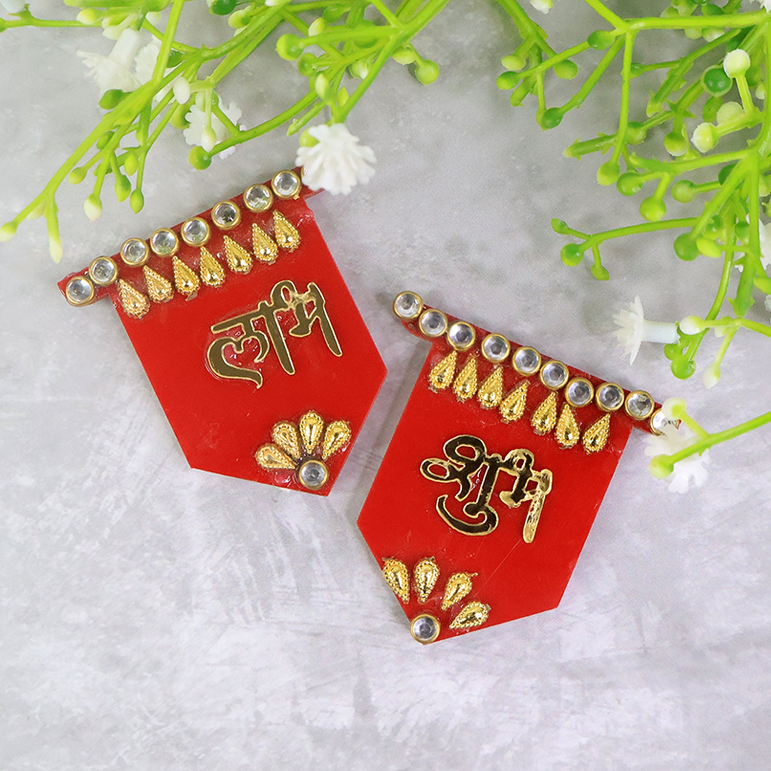 Wukusy Shubh Labh decorative wall hanging set with traditional Indian symbols for home decor, featuring intricate designs in vibrant colors.