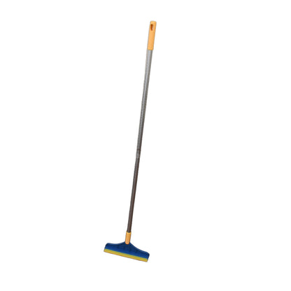 Wukusy 2-in-1 long handle floor cleaning brush with rotatable triangular head and wiper for bathroom and kitchen cleaning.