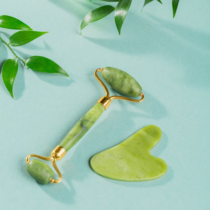 Wukusy Gua Sha stone and jade roller set for facial massage, natural skincare, and anti-aging for glowing skin.