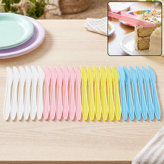 Set of 24 multicolor plastic dessert knives by Wukusy, ideal for parties, featuring vibrant, reusable plastic utensils.