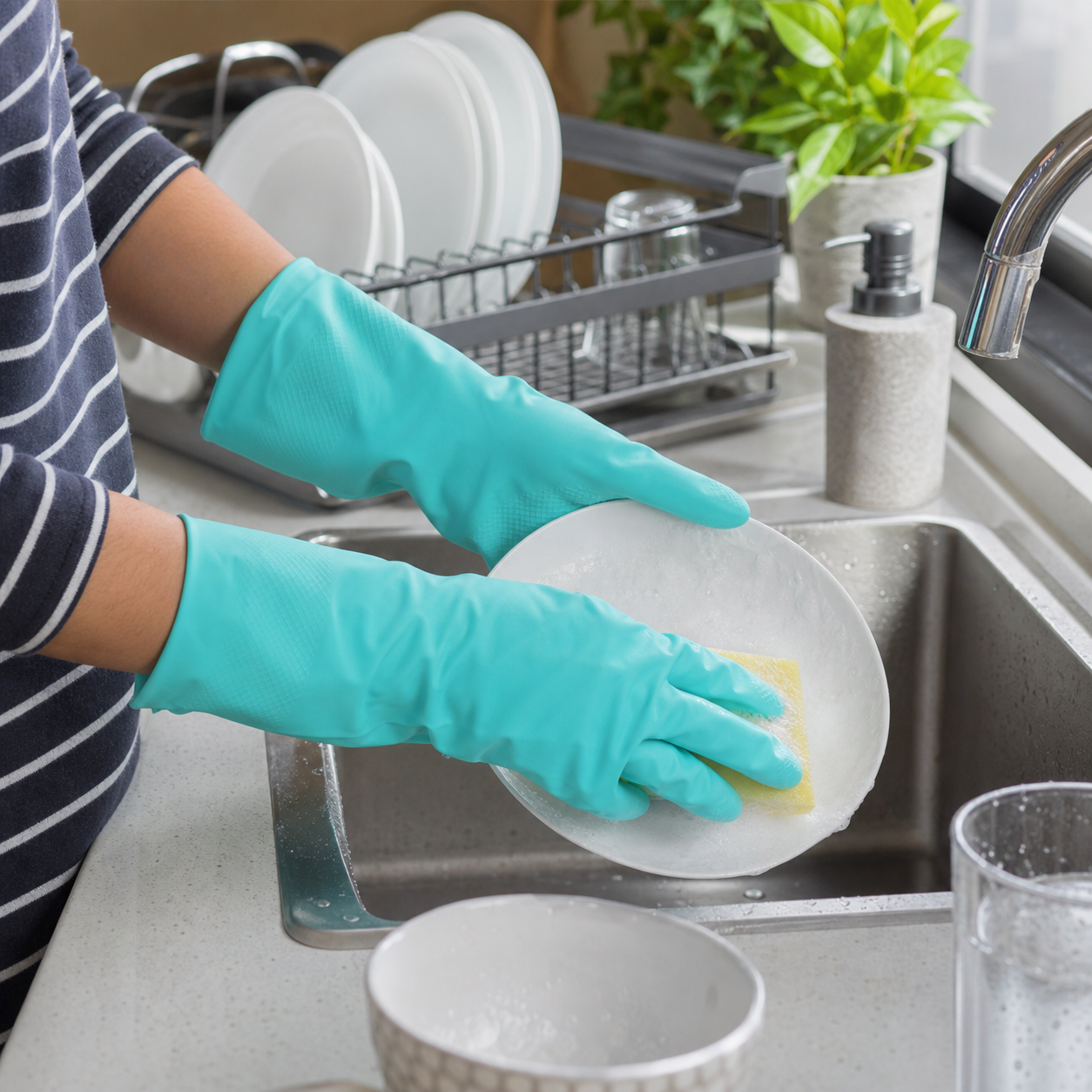 Pair of Wukusy large Victor green rubber cleaning gloves for reusable kitchen dishwashing, with textured palms for grip.
