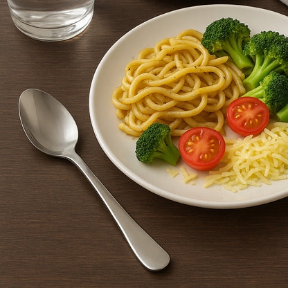 Stainless steel baby dining spoon by Wukusy with ergonomic handle and small spoon bowl, ideal for infants' feeding.