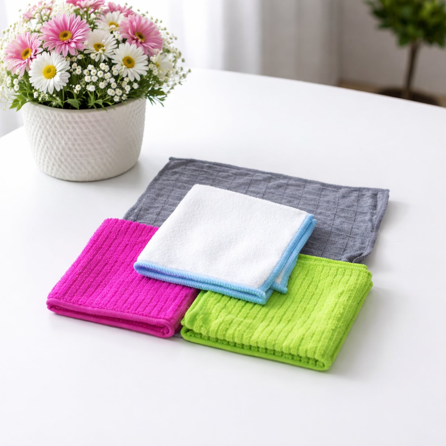 Set of four Wukusy microfiber cleaning cloths with soft, absorbent fabric for gentle surface cleaning and dust removal.